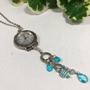 Watch Pendant Necklace Upcycled Silver Tone Chain Blue Removable Dangles 24in